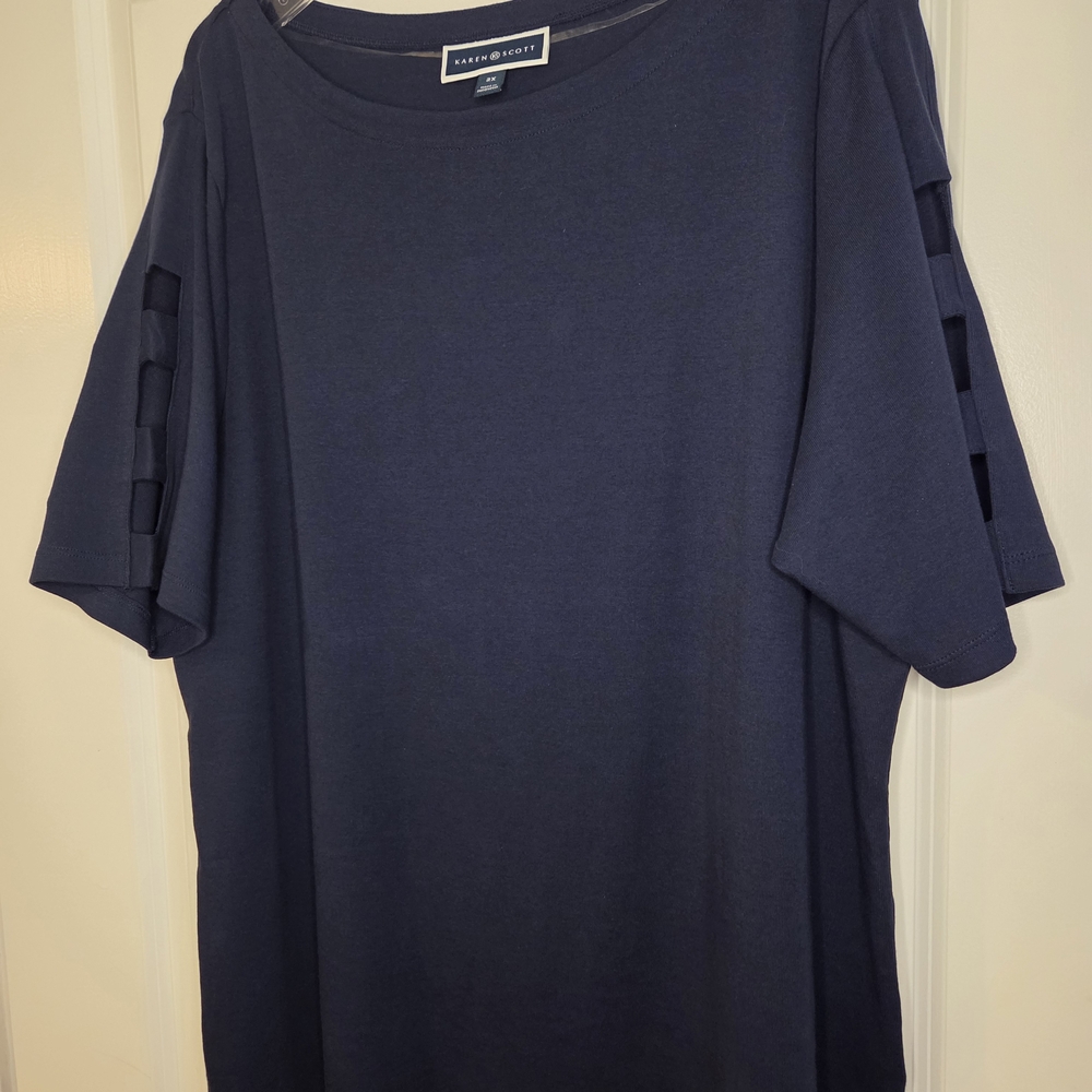 Karen Scott Navy 100% Cotton With Cut- Out Sleeves SZ 2X Preloved - Picture 10 of 11